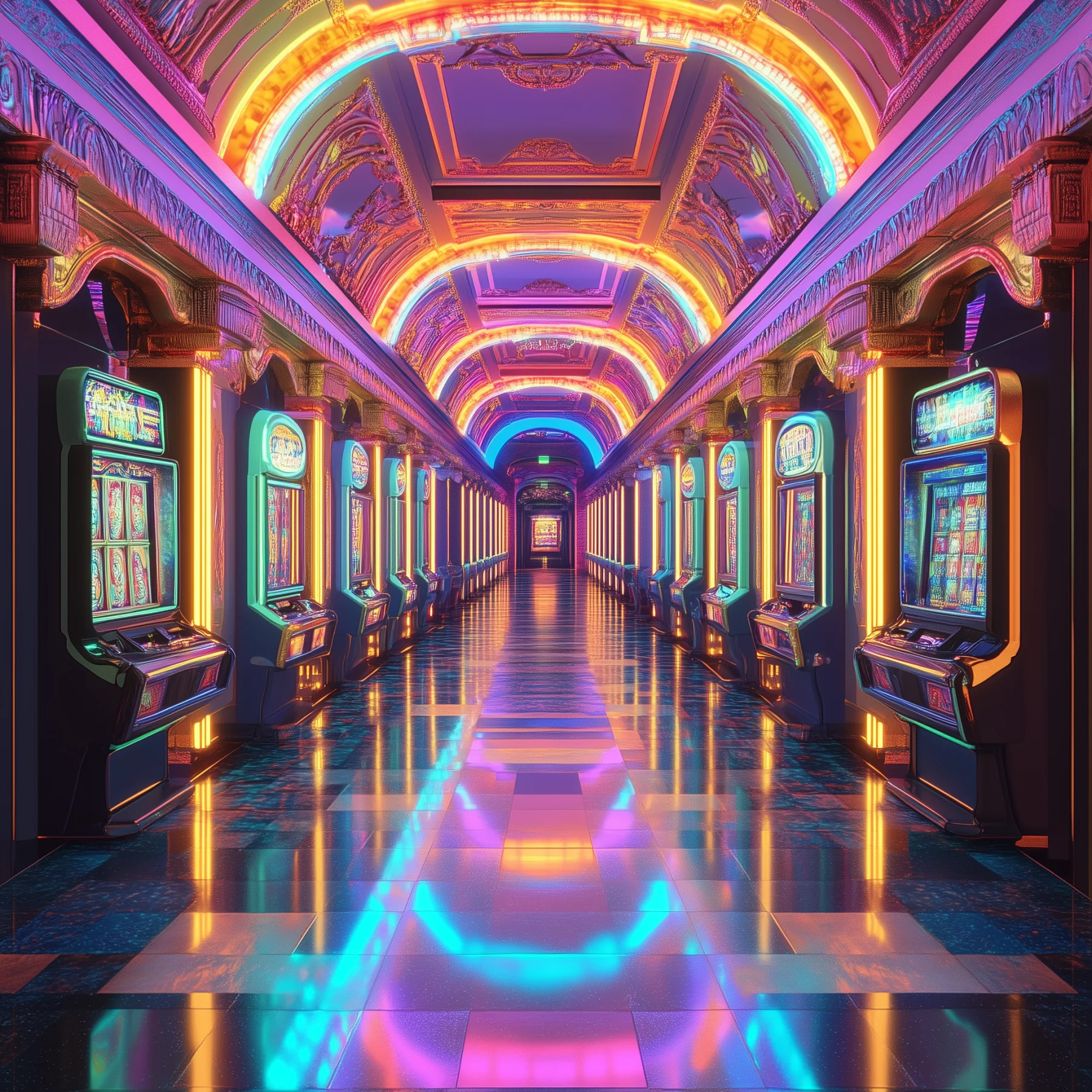 Illustration of a long hall of glowing arcade cabinets