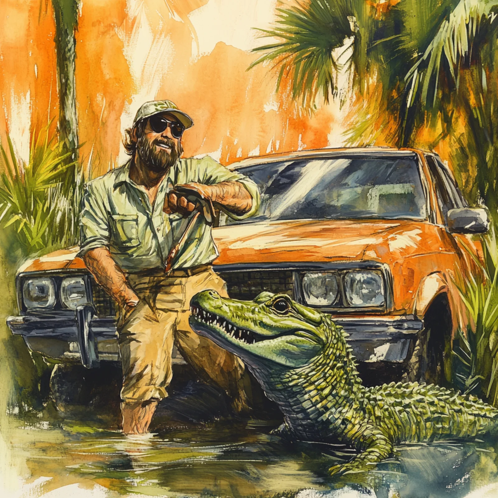 Concept art: a bearded man sits on the hood of an orange car with an alligator