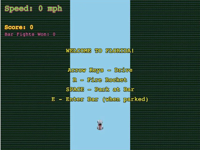 Early prototype capture: a text-only road screen listing the controls