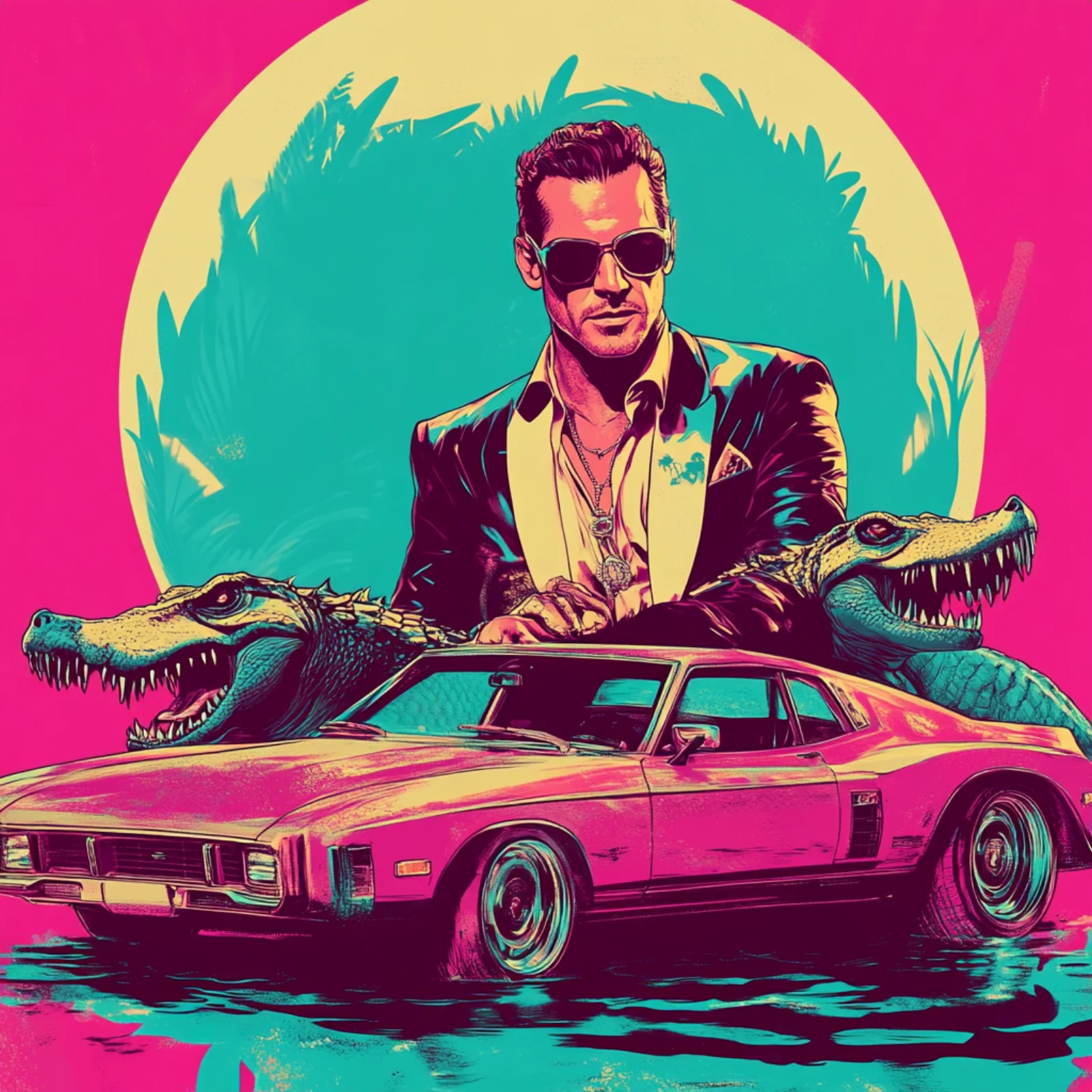 Concept art: a man in sunglasses with two alligators and a pink car