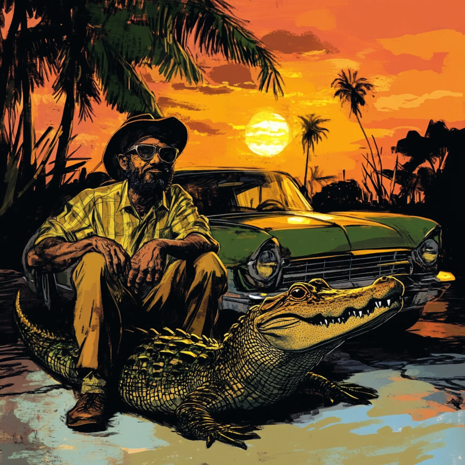 Concept art: a man in a hat leans on a green car beside an alligator at sunset