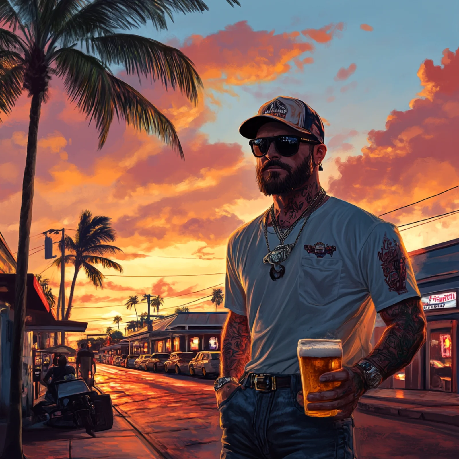 Concept art: a tattooed man with a beer on a Florida street at dusk