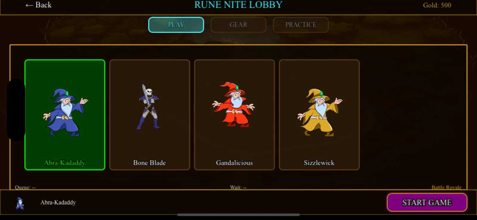 Rune Nite lobby with four selectable wizards