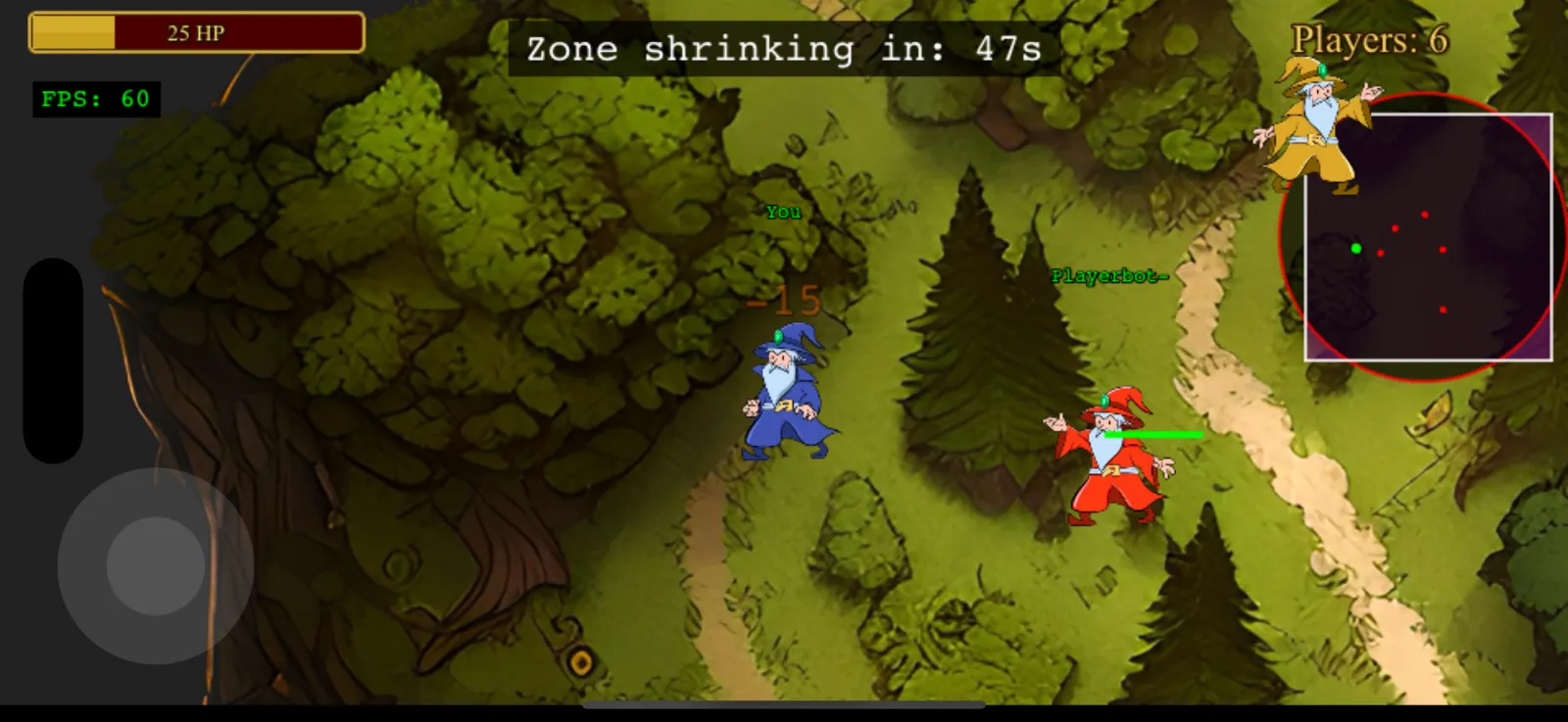 Rune Nite practice mode: a top-down forest map with a zone timer, minimap and joystick