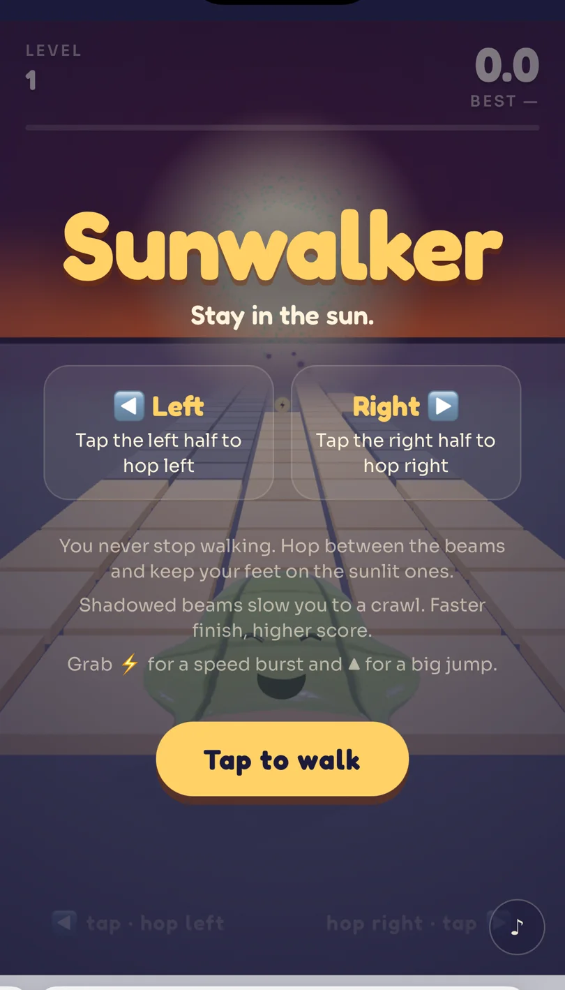 Sunwalker gameplay: a jelly baby walking down five parallel beams, some lit and some in shadow